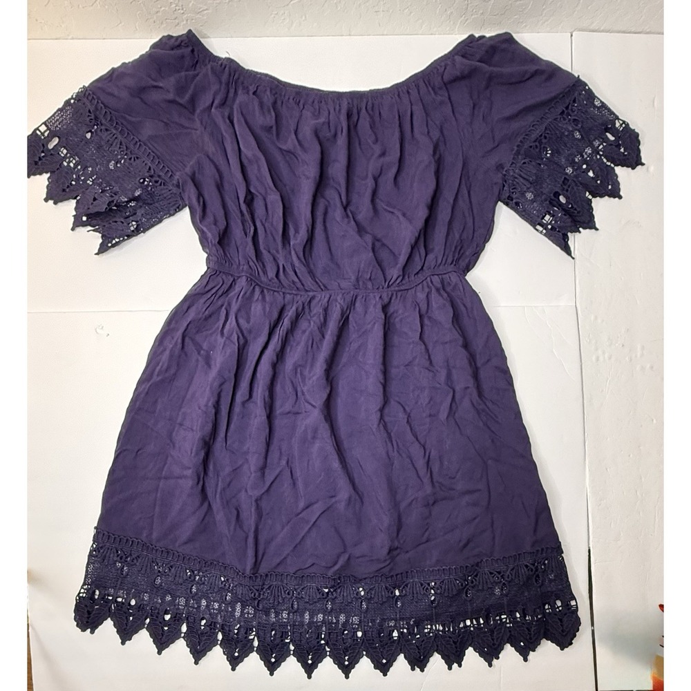 Iris Mini Dress Women Size XL Purple Smocked Waist Crochet Lace Goth‎ Fairy Emo